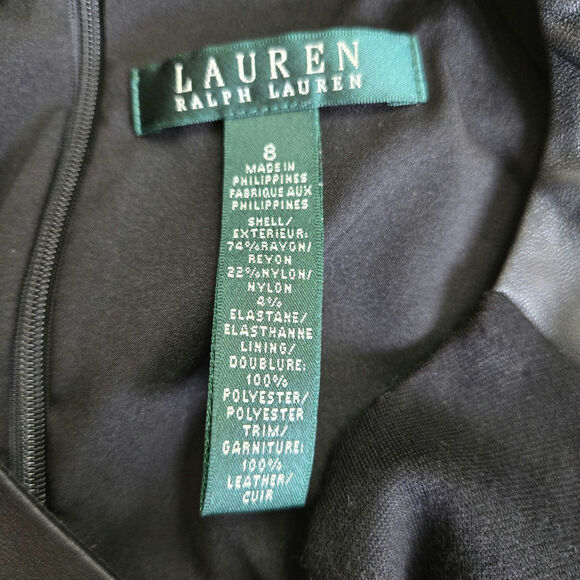 Lauren Ralph Lauren Women's Black Cap Sleeve Sheath Dress with Leather , Size 8 - Picture 7 of 12